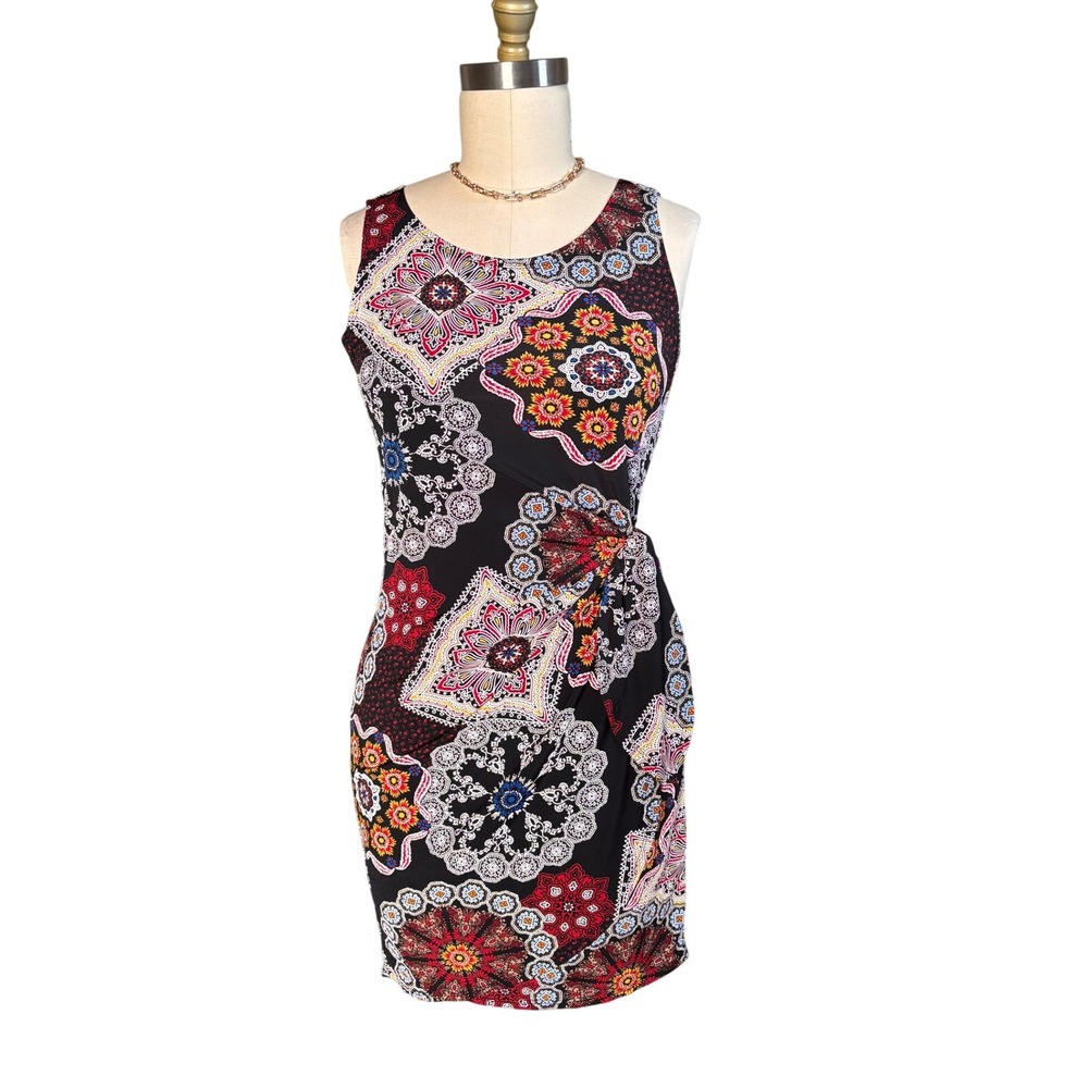 Boho Mandala Print Side Tie Sheath Dress Robbie Bee Small Multi-Color Vintage